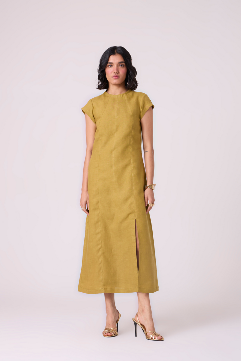 Evgeny Olive Linen Dress all linen by The Summer House in green color for women Worldwide