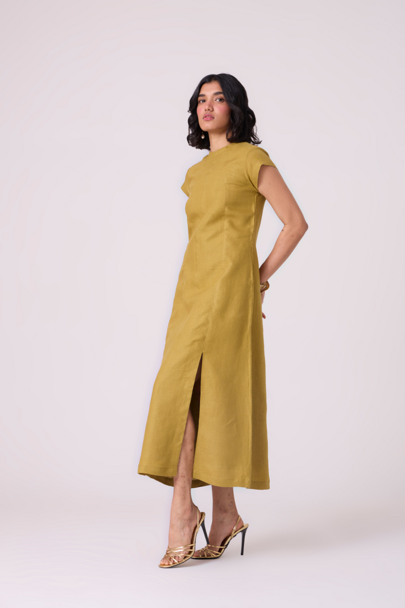 Evgeny Olive Linen Dress all linen by The Summer House in green color for women Worldwide