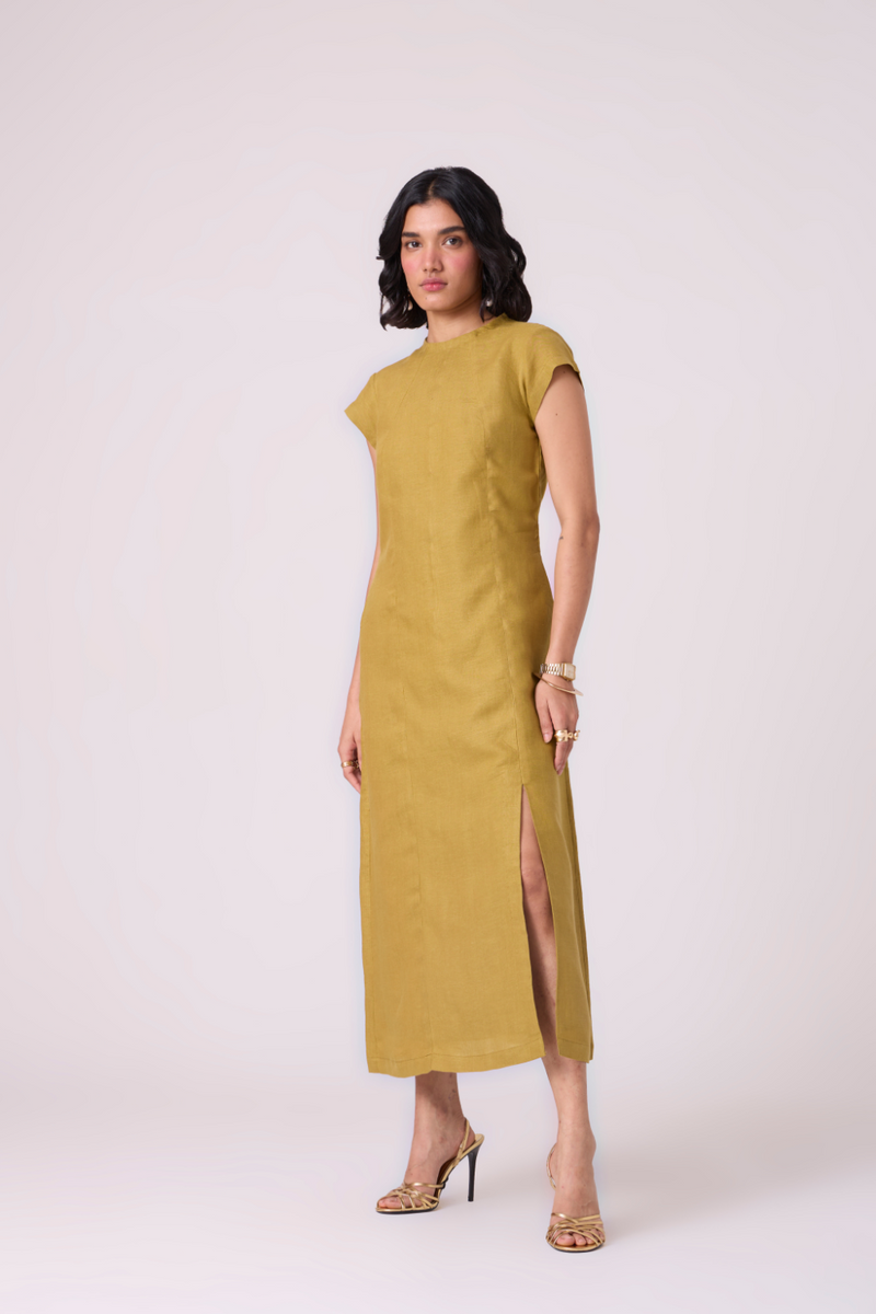 Evgeny Olive Linen Dress all linen by The Summer House in green color for women Worldwide