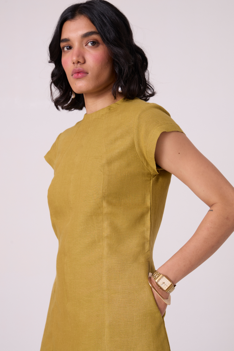 Evgeny Olive Linen Dress all linen by The Summer House in green color for women Worldwide