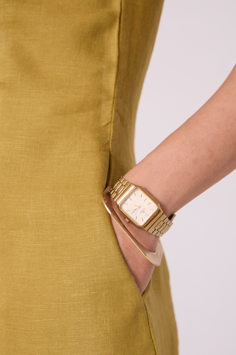 Evgeny Olive Linen Dress all linen by The Summer House in green color for women Worldwide