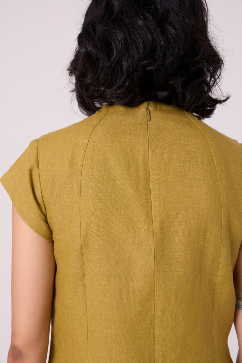 Evgeny Olive Linen Dress all linen by The Summer House in green color for women Worldwide