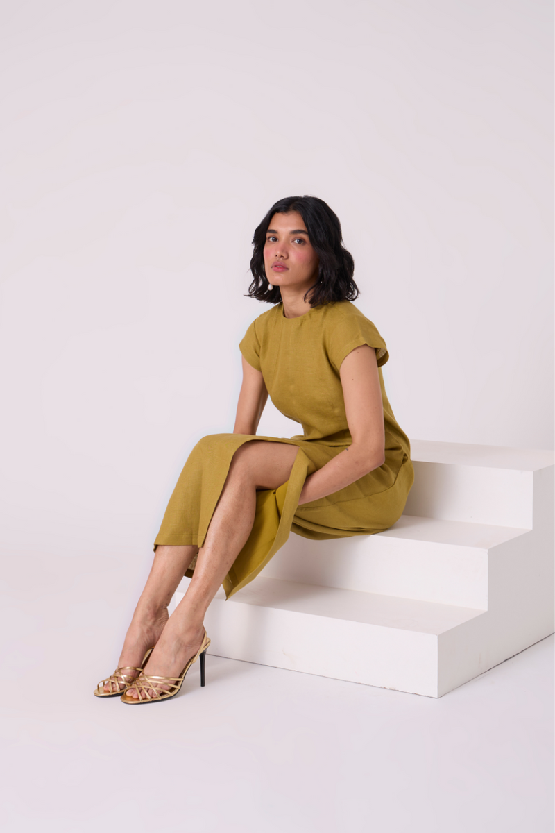 Evgeny Olive Linen Dress all linen by The Summer House in green color for women Worldwide