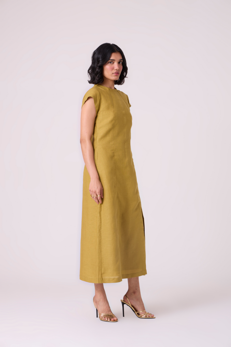 Evgeny Olive Linen Dress all linen by The Summer House in green color for women Worldwide