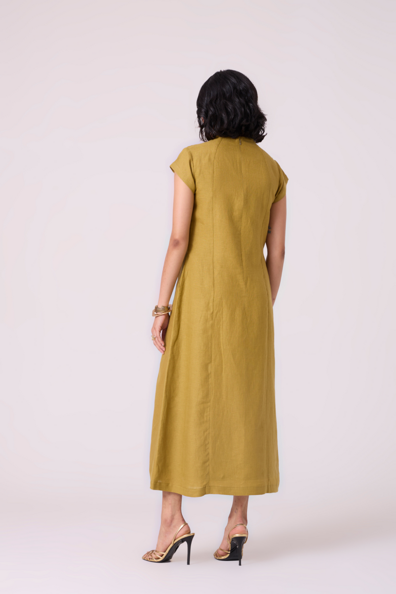 Evgeny Olive Linen Dress all linen by The Summer House in green color for women Worldwide