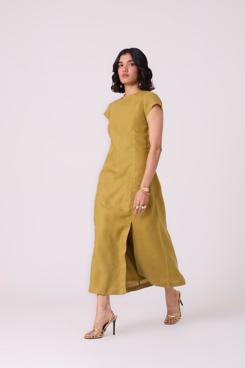 Evgeny Olive Linen Dress all linen by The Summer House in green color for women Worldwide