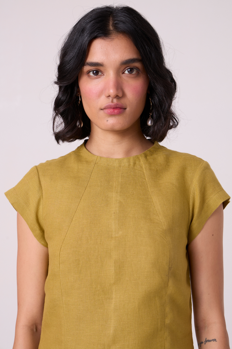 Evgeny Olive Linen Dress all linen by The Summer House in green color for women Worldwide