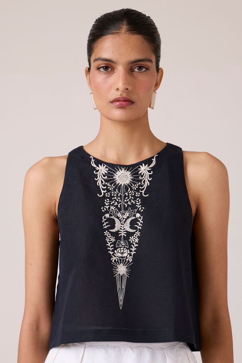 Evora Black Embroidered Top cotton by The Summer House in black color for women Worldwide
