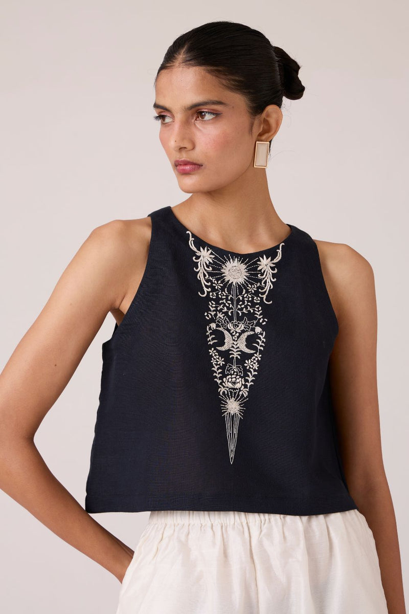 Evora Black Embroidered Top cotton by The Summer House in black color for women Worldwide