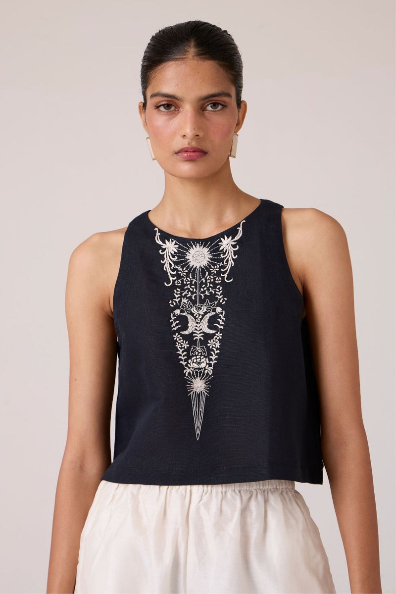 Evora Black Embroidered Top cotton by The Summer House in black color for women Worldwide