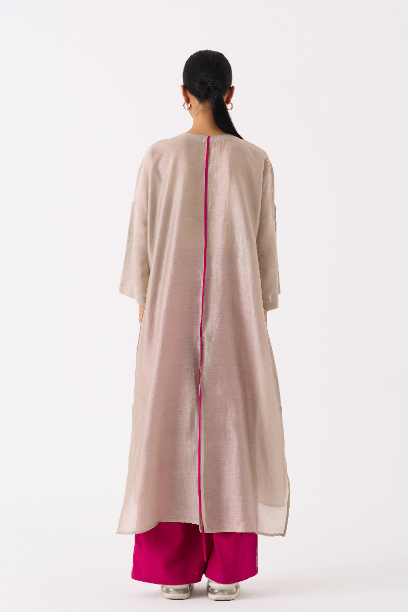 PANELLED TUNIC CO-ORD 
(SET OF 2)-ASH GREY & FUSCHIA chanderi by THREE in multi color for women Worldwide