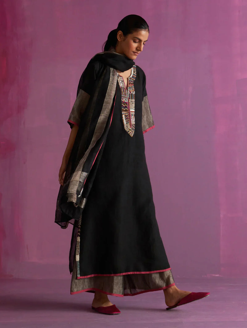 Mato Hand-Embroidered Kurta Set - Black linen by Manan in black color for women Worldwide
