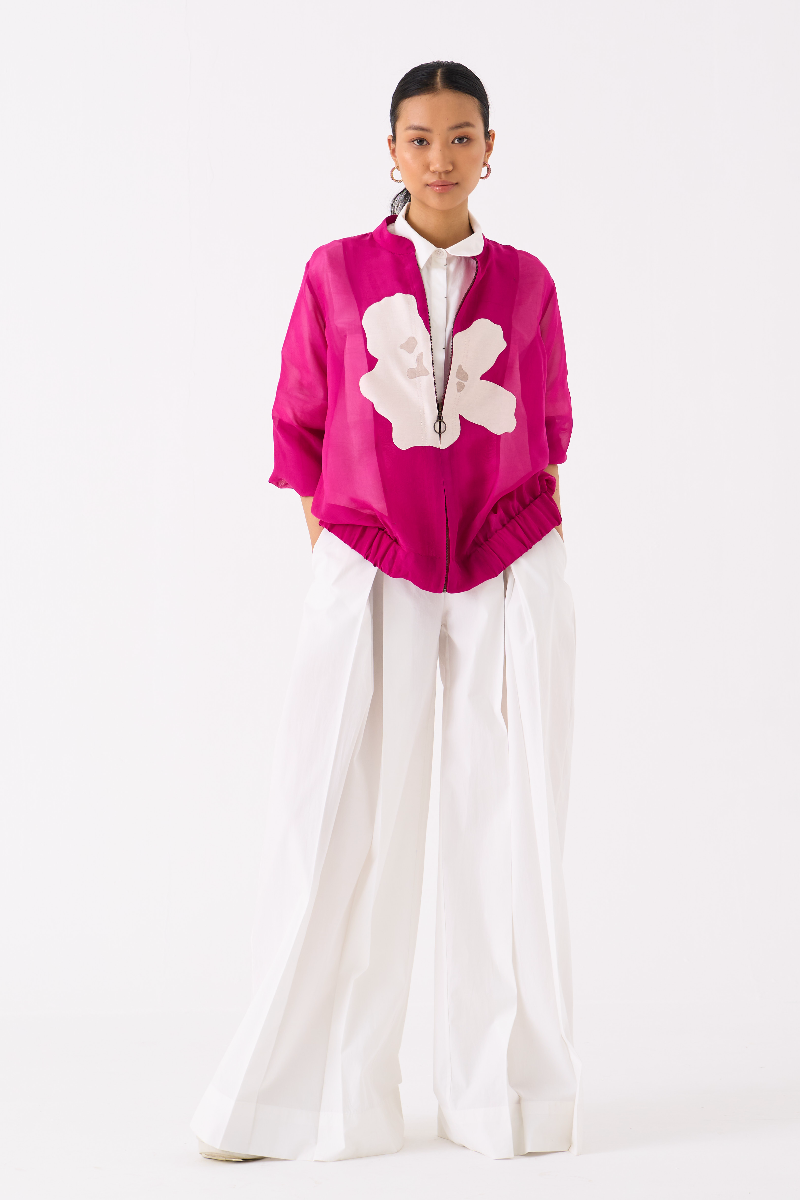 FLORAL APPLIQUE BOMBER JACKET-FUSCHIA organza by THREE for women Worldwide