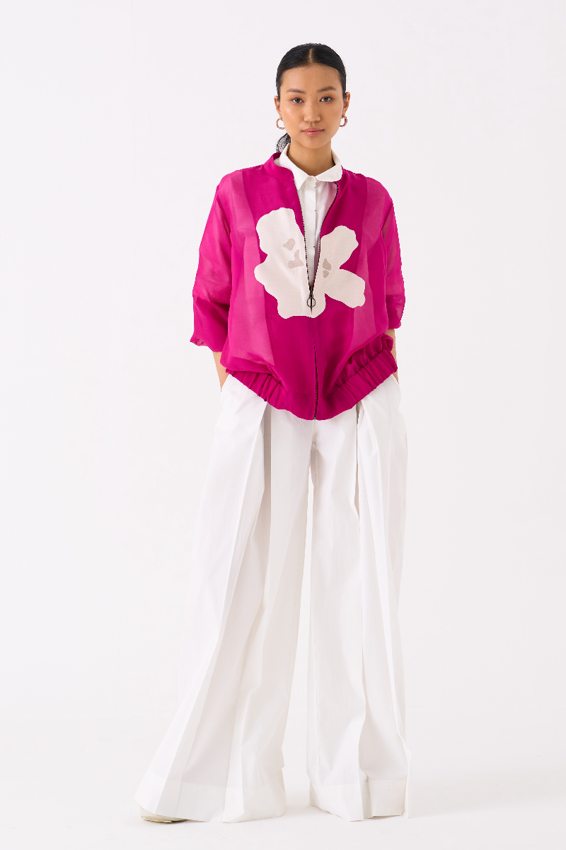 FLORAL APPLIQUE BOMBER JACKET-FUSCHIA