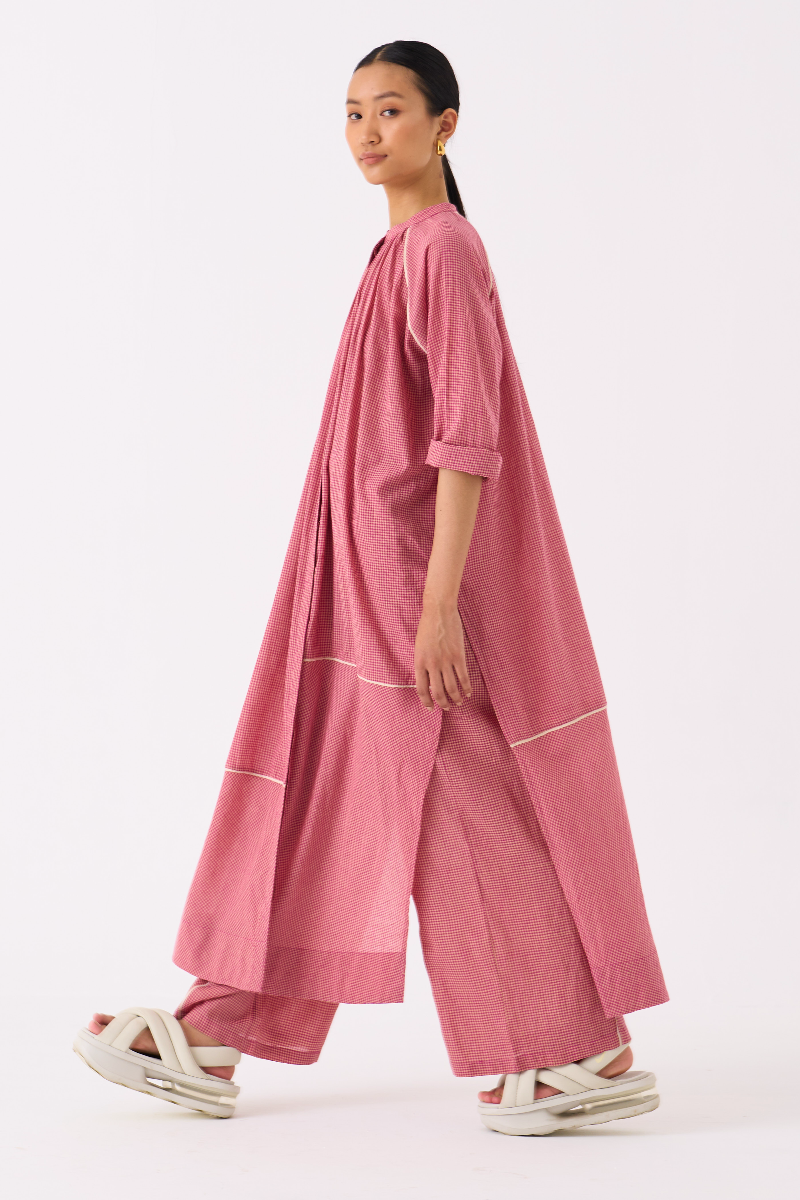 GATHER NECK SHIRT-PINK CHECK mul by THREE in pink color for women Worldwide