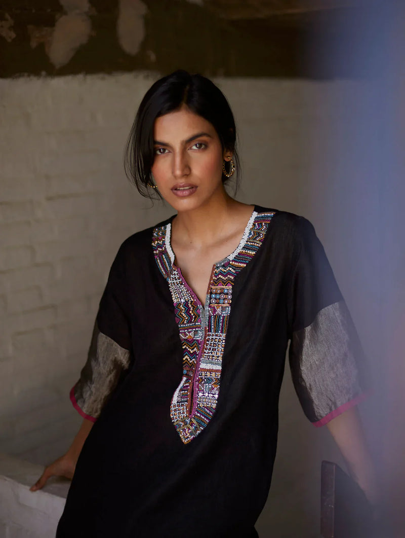 Mato Hand-Embroidered Kurta - Black linen by Manan in black color for women Worldwide