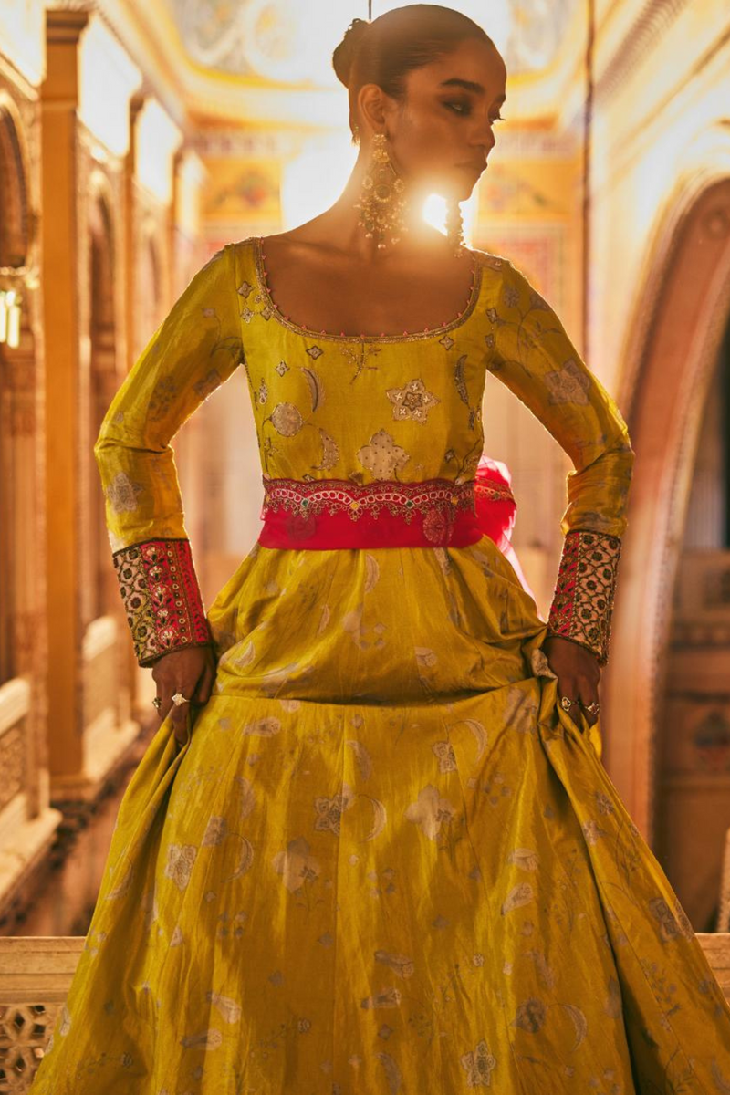 Khel Yellow Printed Tissue Anarkali silk by Rajiramniq in multi color for women Worldwide