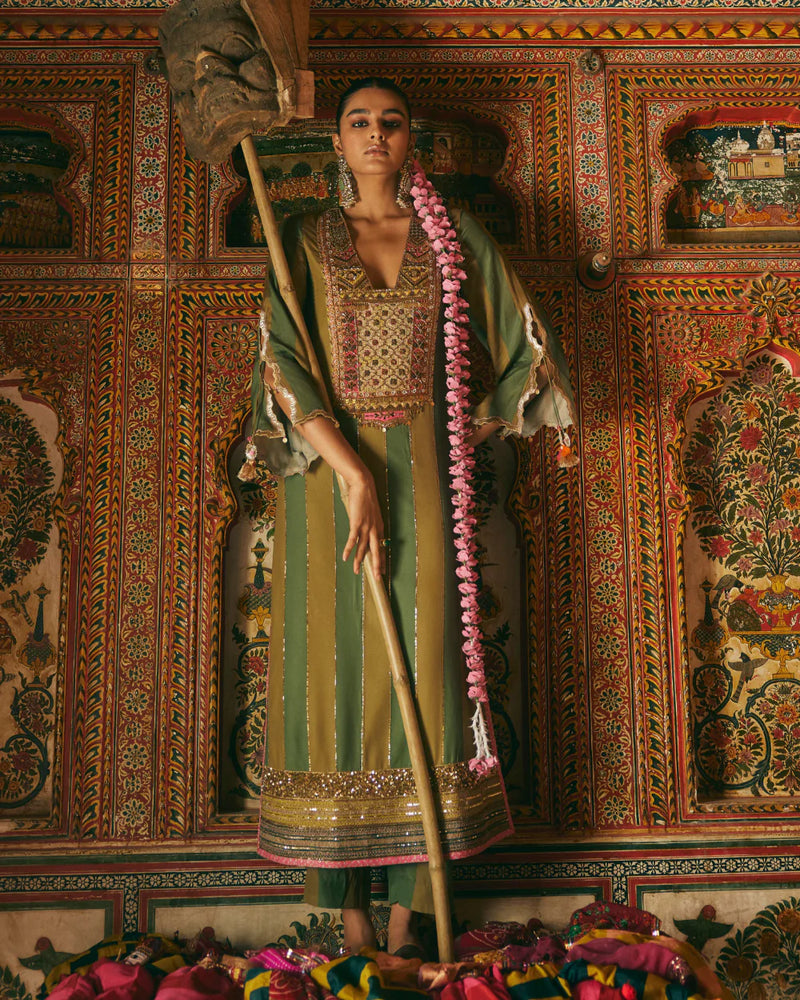 Khel Olive Green Yoke Embellished Kurta Set by Rajiramniq in green color for women Worldwide