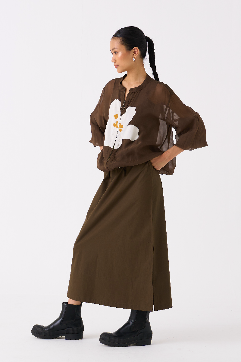 FLORAL APPLIQUE BOMBER JACKET CO-ORD (SET OF 2)-DARK OLIVE poplin by THREE in olive color for women Worldwide
