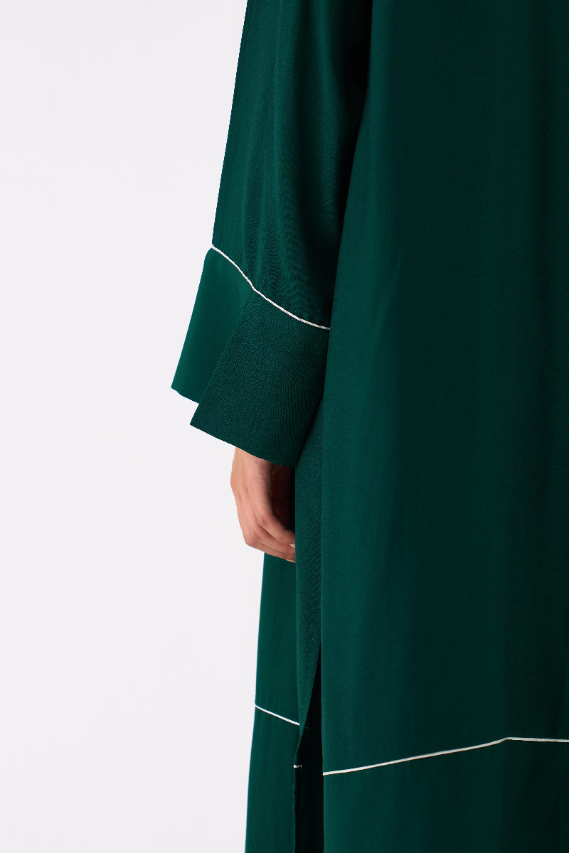 V-NECK KAFTAN- DARK GREEN bemberg by THREE in green color for women Worldwide