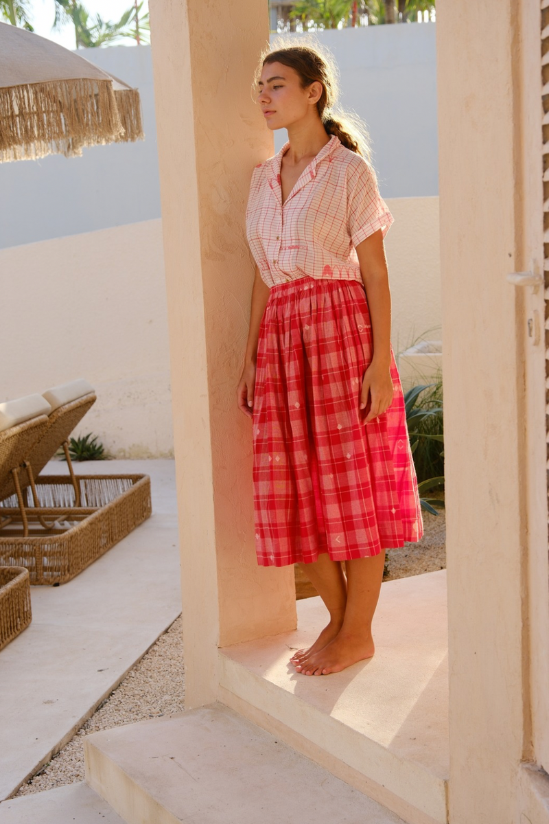 Crimson Checkered Cuban Shirt cotton by World of Crow in pink color for women Worldwide