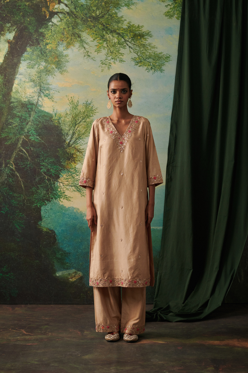FAIZA & RIDA KURTA & PANT silk by Rashika Mittal in gold color for women Worldwide