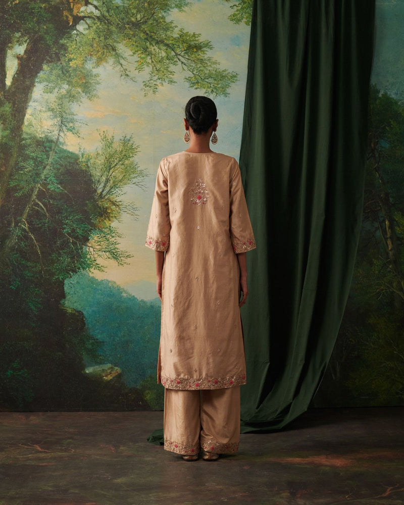 FAIZA & RIDA KURTA & PANT silk by Rashika Mittal in gold color for women Worldwide
