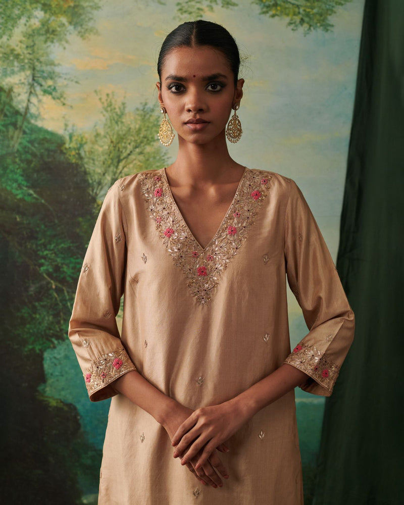 FAIZA & RIDA KURTA & PANT silk by Rashika Mittal in gold color for women Worldwide