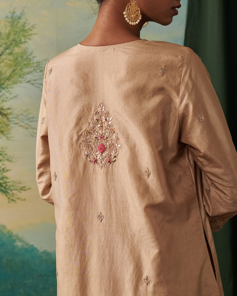 FAIZA & RIDA KURTA & PANT silk by Rashika Mittal in gold color for women Worldwide