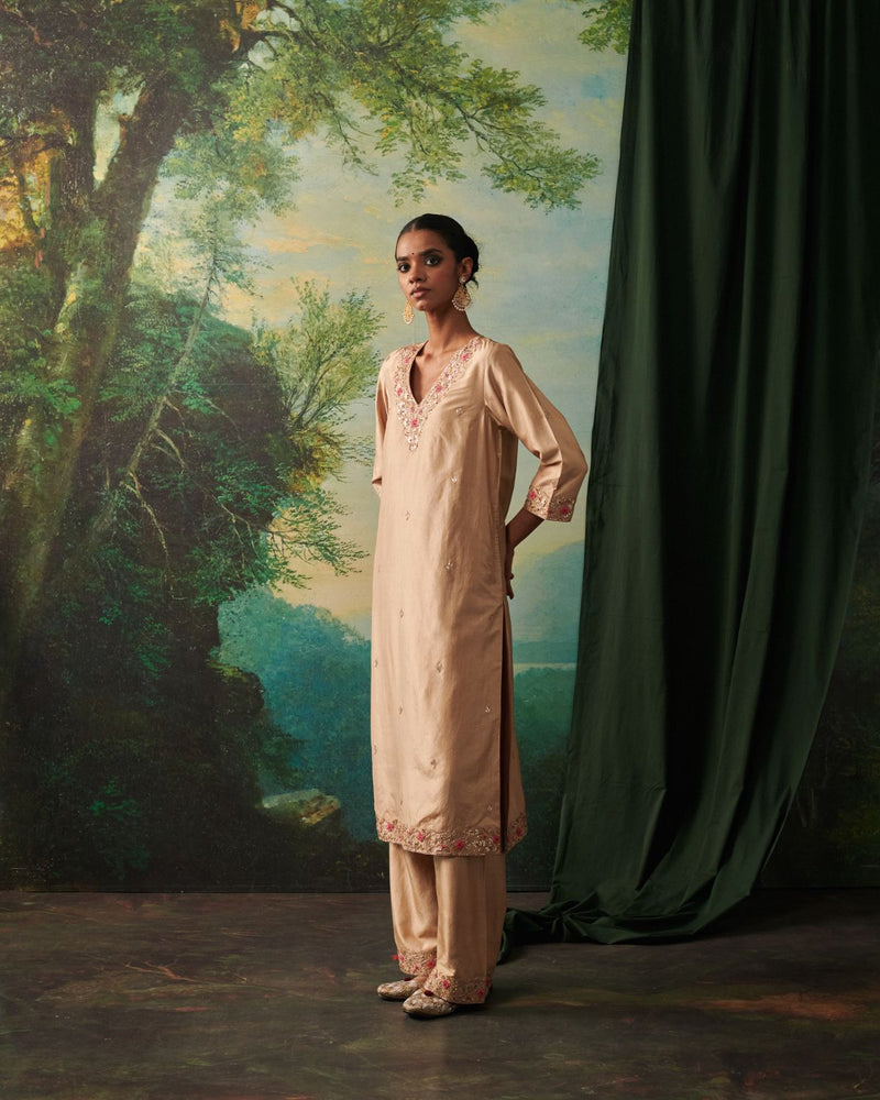 FAIZA & RIDA KURTA & PANT silk by Rashika Mittal in gold color for women Worldwide