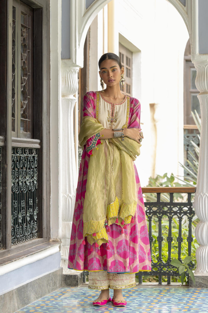 Fariba Hot Pink Ivory Yoke Kurta Set Kurta Sets by Rajiramniq for women Worldwide