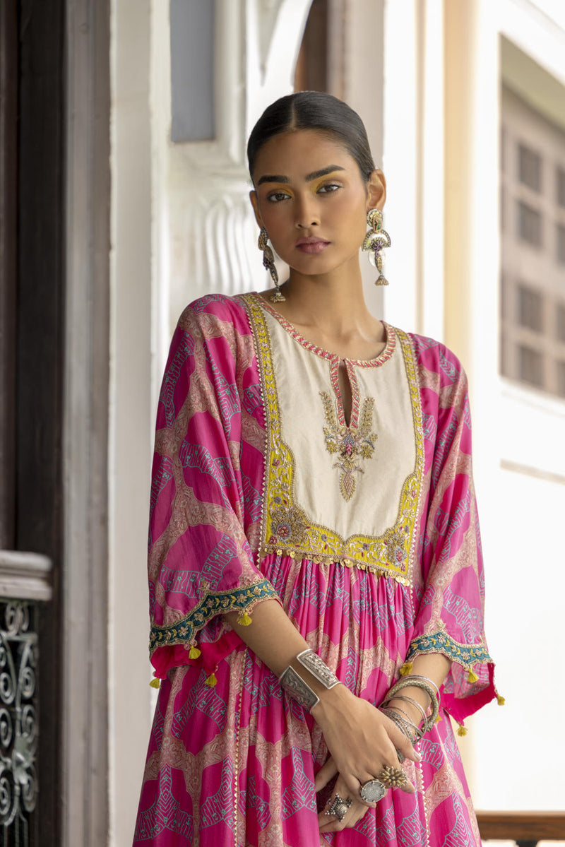 Fariba Hot Pink Ivory Yoke Kurta Set Kurta Sets by Rajiramniq for women Worldwide