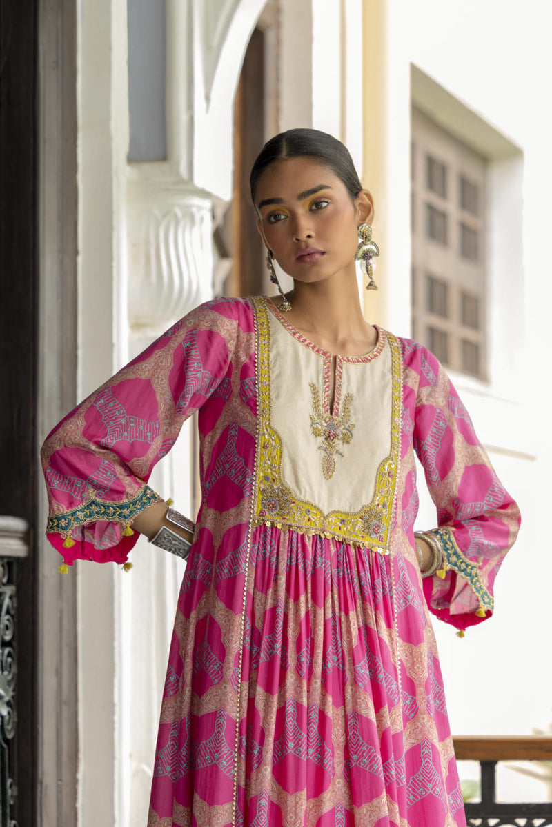 Fariba Hot Pink Ivory Yoke Kurta Set Kurta Sets by Rajiramniq for women Worldwide