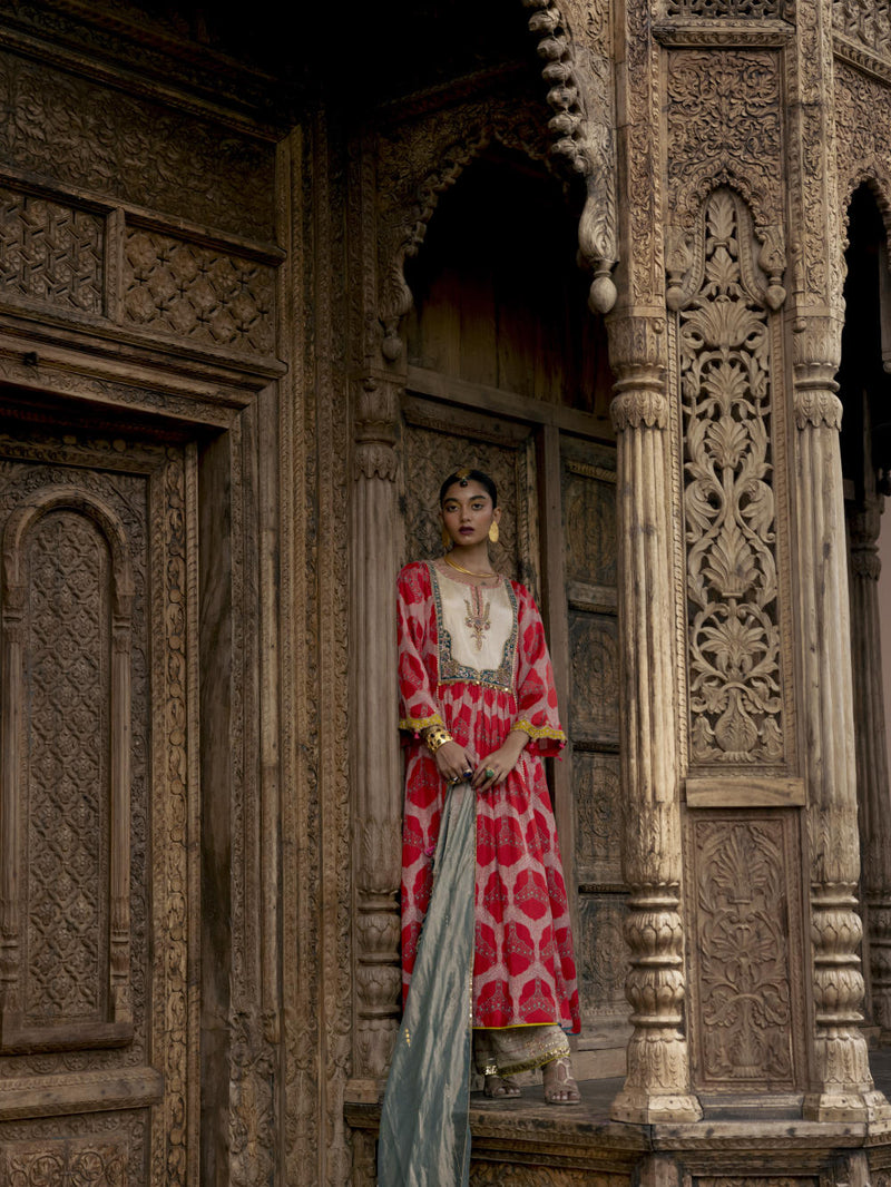 Fariba Red Ivory Yoke Kurta Set Kurta Sets by Rajiramniq for women Worldwide