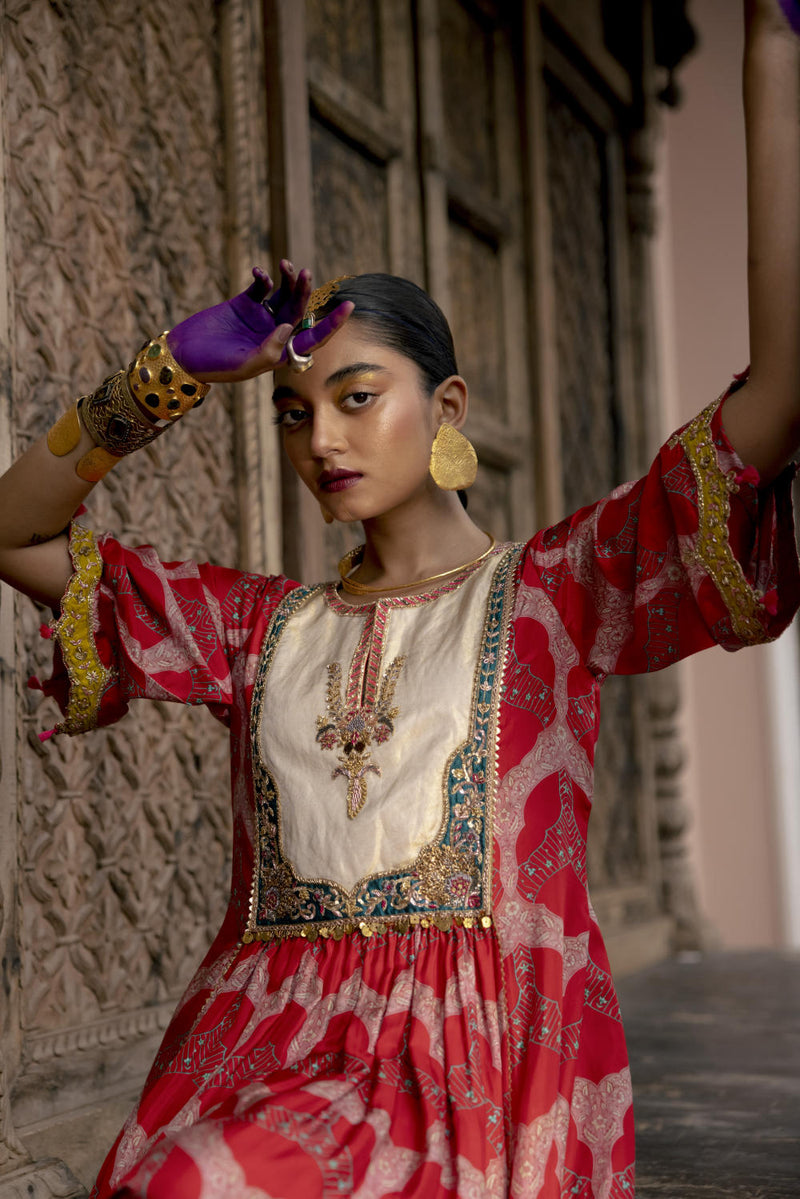 Fariba Red Ivory Yoke Kurta Set Kurta Sets by Rajiramniq for women Worldwide