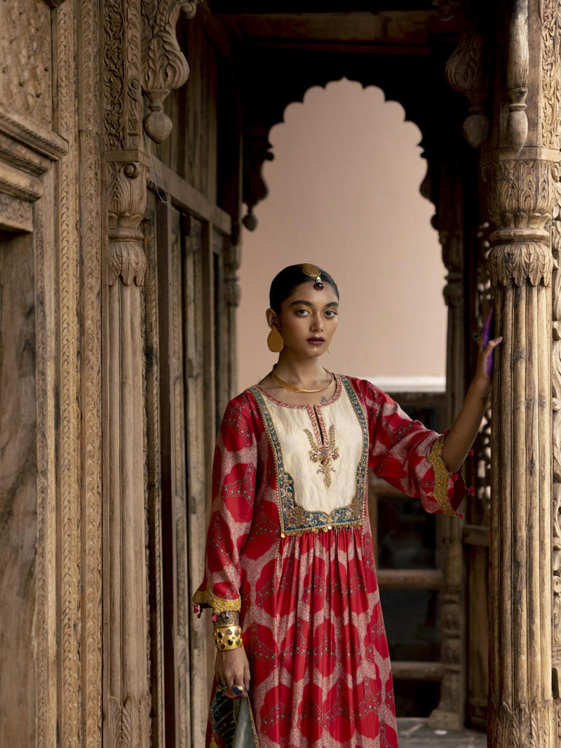 Fariba Red Ivory Yoke Kurta Set Kurta Sets by Rajiramniq for women Worldwide
