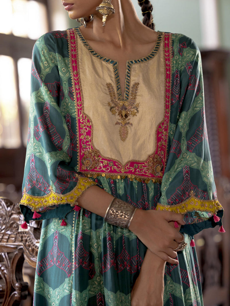 Fariba Teal Green Ivory Yoke Kurta Set Kurta Sets by Rajiramniq for women Worldwide