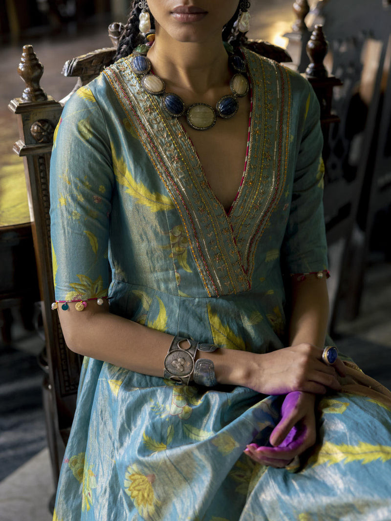 Fariba Moonlight Printed Tissue Anarkali Set Kurta Sets by Rajiramniq for women Worldwide