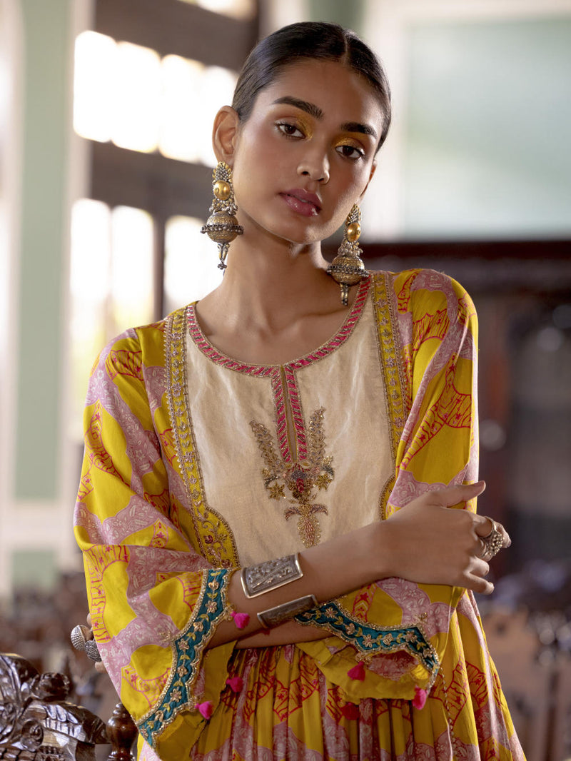 Fariba Lime Yellow Ivory Yoke Kurta Set Kurta Sets by Rajiramniq for women Worldwide