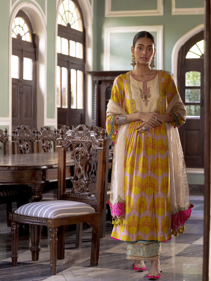 Fariba Lime Yellow Ivory Yoke Kurta Set Kurta Sets by Rajiramniq for women Worldwide
