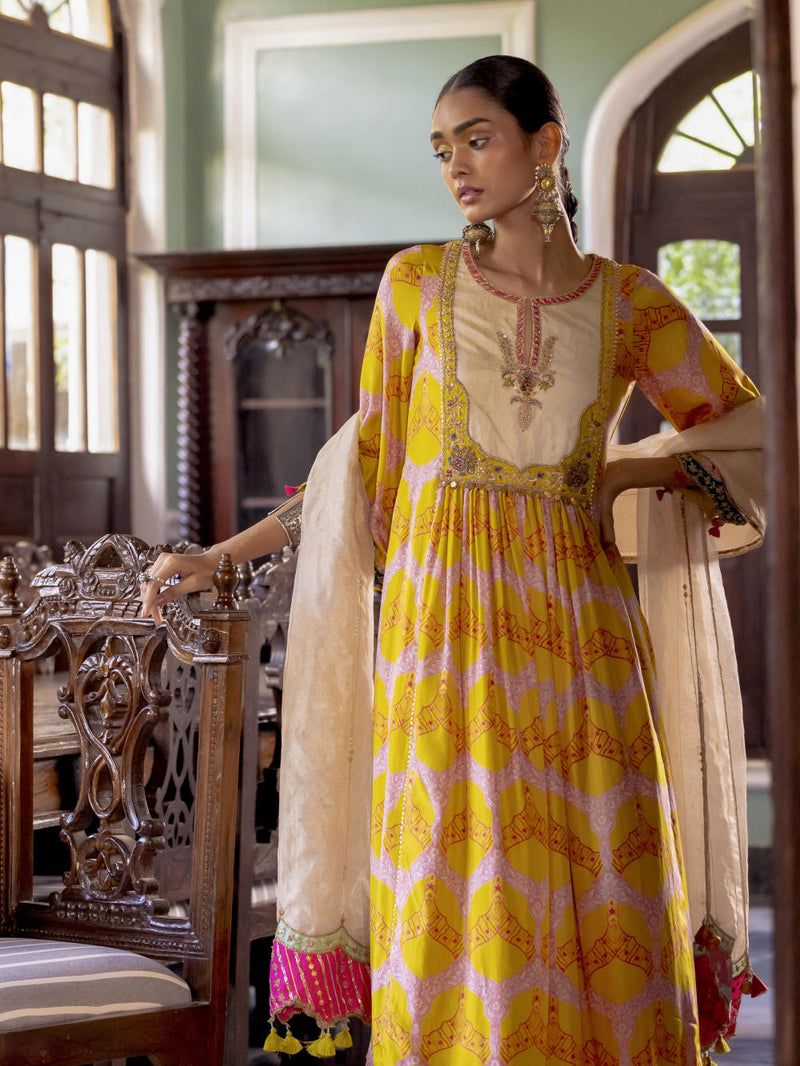 Fariba Lime Yellow Ivory Yoke Kurta Set Kurta Sets by Rajiramniq for women Worldwide
