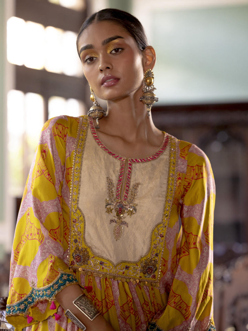 Fariba Lime Yellow Ivory Yoke Kurta Set Kurta Sets by Rajiramniq for women Worldwide