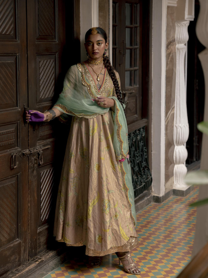 Fariba Nude Pink Printed Tissue Anarkali Set Kurta Sets by Rajiramniq for women Worldwide