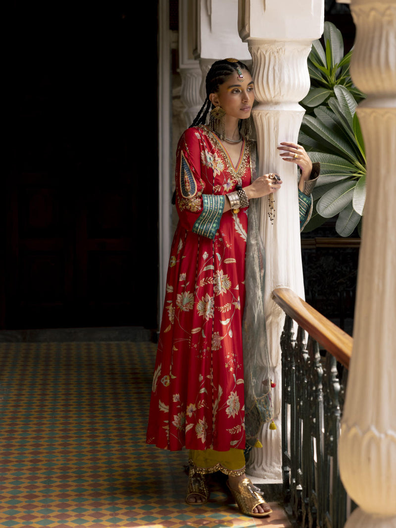 Fariba Red Printed Side Kali Kurta Set Kurta Sets by Rajiramniq for women Worldwide
