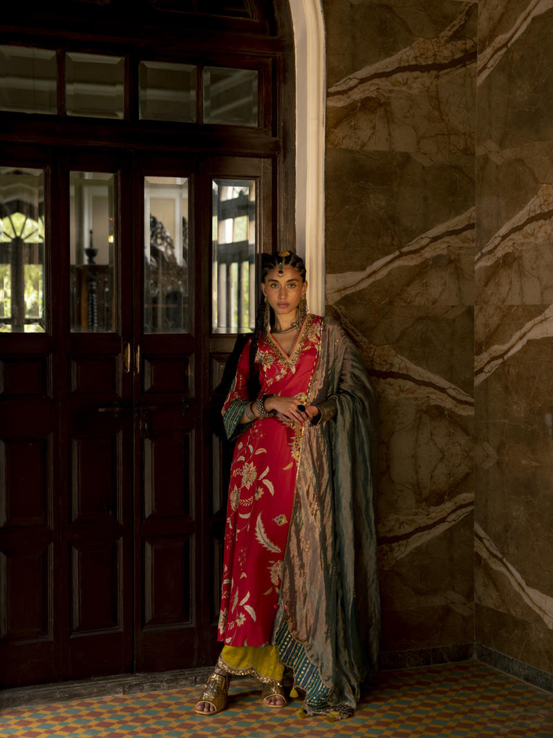 Fariba Red Printed Side Kali Kurta Set Kurta Sets by Rajiramniq for women Worldwide