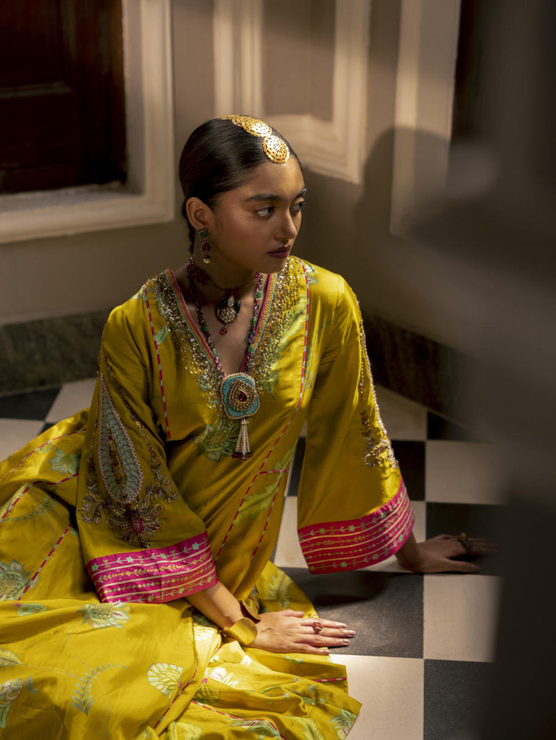 Fariba Lime Yellow Printed Side Kali Kurta Set Kurta Sets by Rajiramniq for women Worldwide