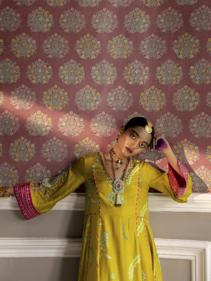 Fariba Lime Yellow Printed Side Kali Kurta Set Kurta Sets by Rajiramniq for women Worldwide