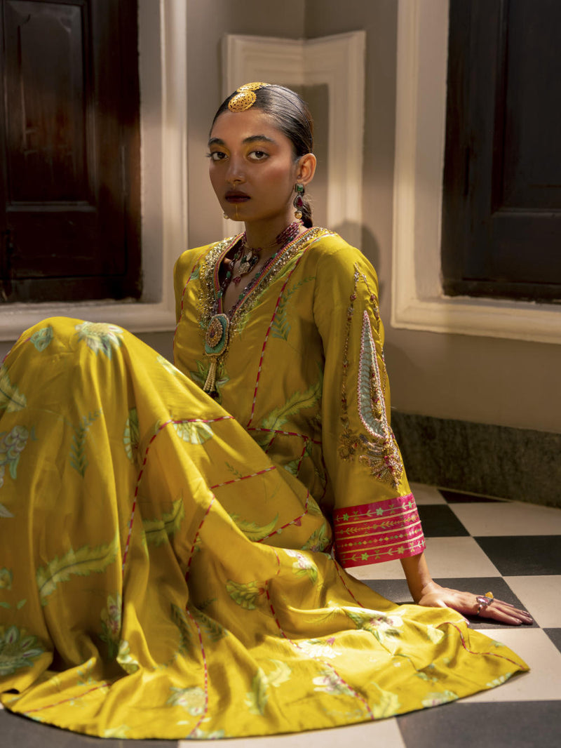Fariba Lime Yellow Printed Side Kali Kurta Set Kurta Sets by Rajiramniq for women Worldwide