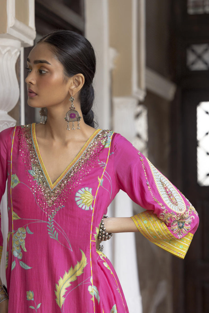 Fariba Hot Pink Printed Side Kali Kurta Set Kurta Sets by Rajiramniq for women Worldwide