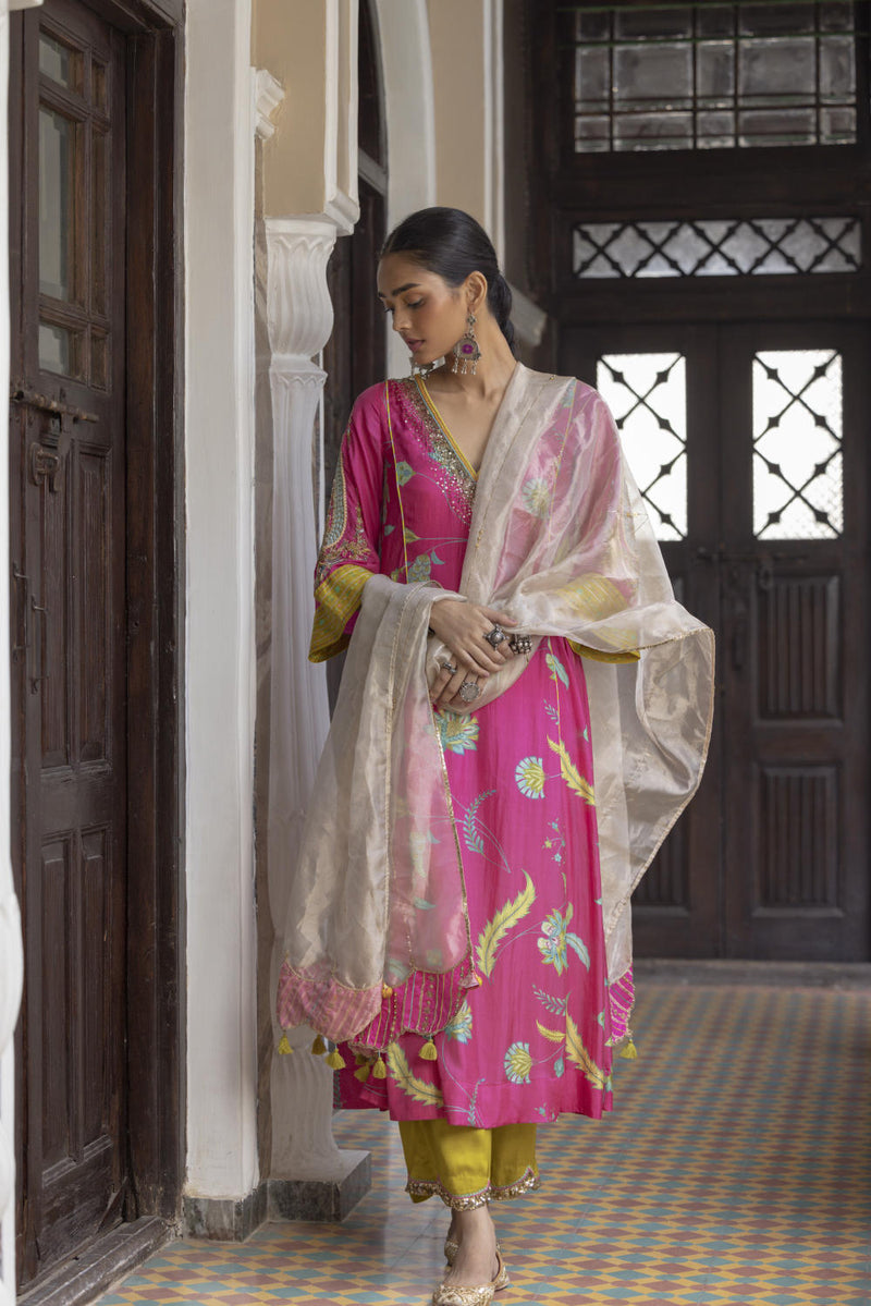 Fariba Hot Pink Printed Side Kali Kurta Set Kurta Sets by Rajiramniq for women Worldwide